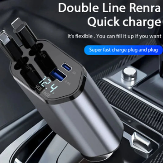 Retractable Car Charger Adaptor 120W - USB Type C And Lightning Cable